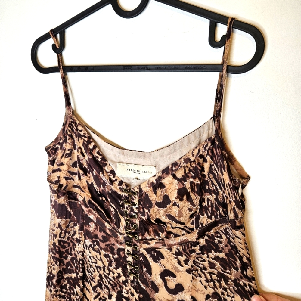 Y2K Karen Millen Silk Slip Midi Dress Sz 8 Animal Print Embellished Eyelets boho - Picture 4 of 15